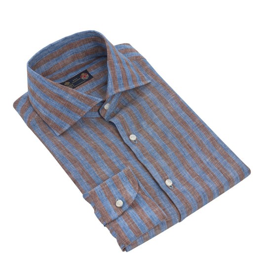 Striped Linen Shirt in Blue and Brown Luigi Borrelli - Sartale