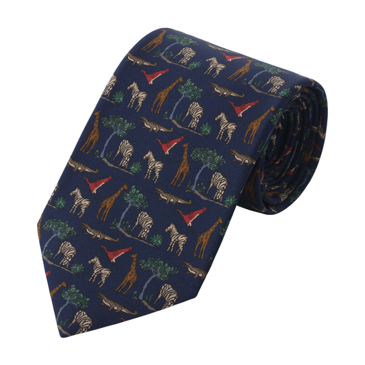 Printed Self-Tipped Silk Tie with Navy Design