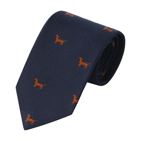 Embroidered Woven Silk Navy Tie with Design