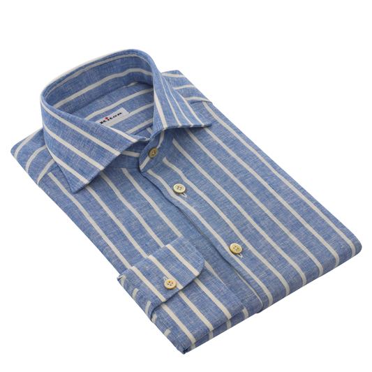 Linen-Blend Striped Shirt in Light Blue and White