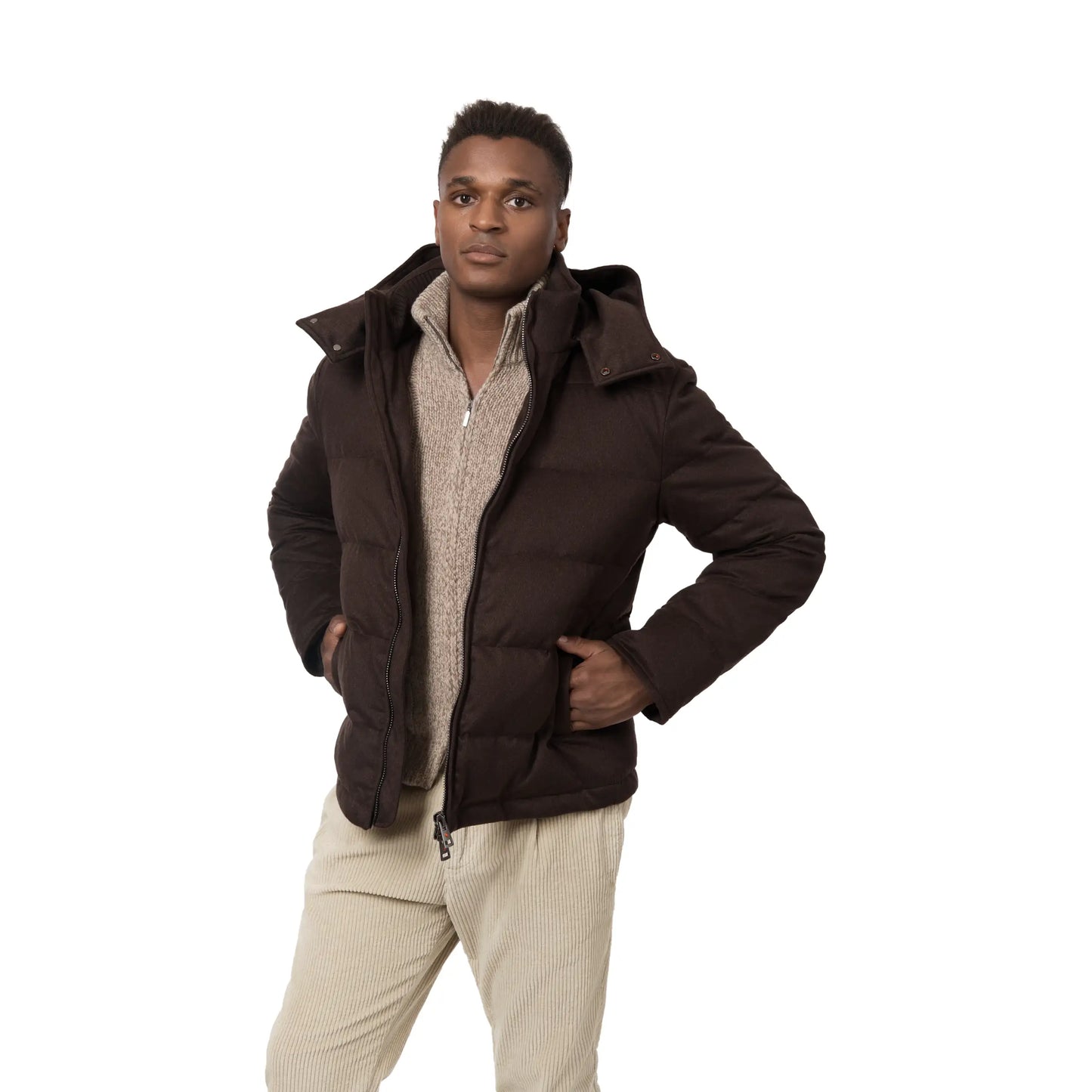 Quilled Shell Cashmere Hooded Down Jacket