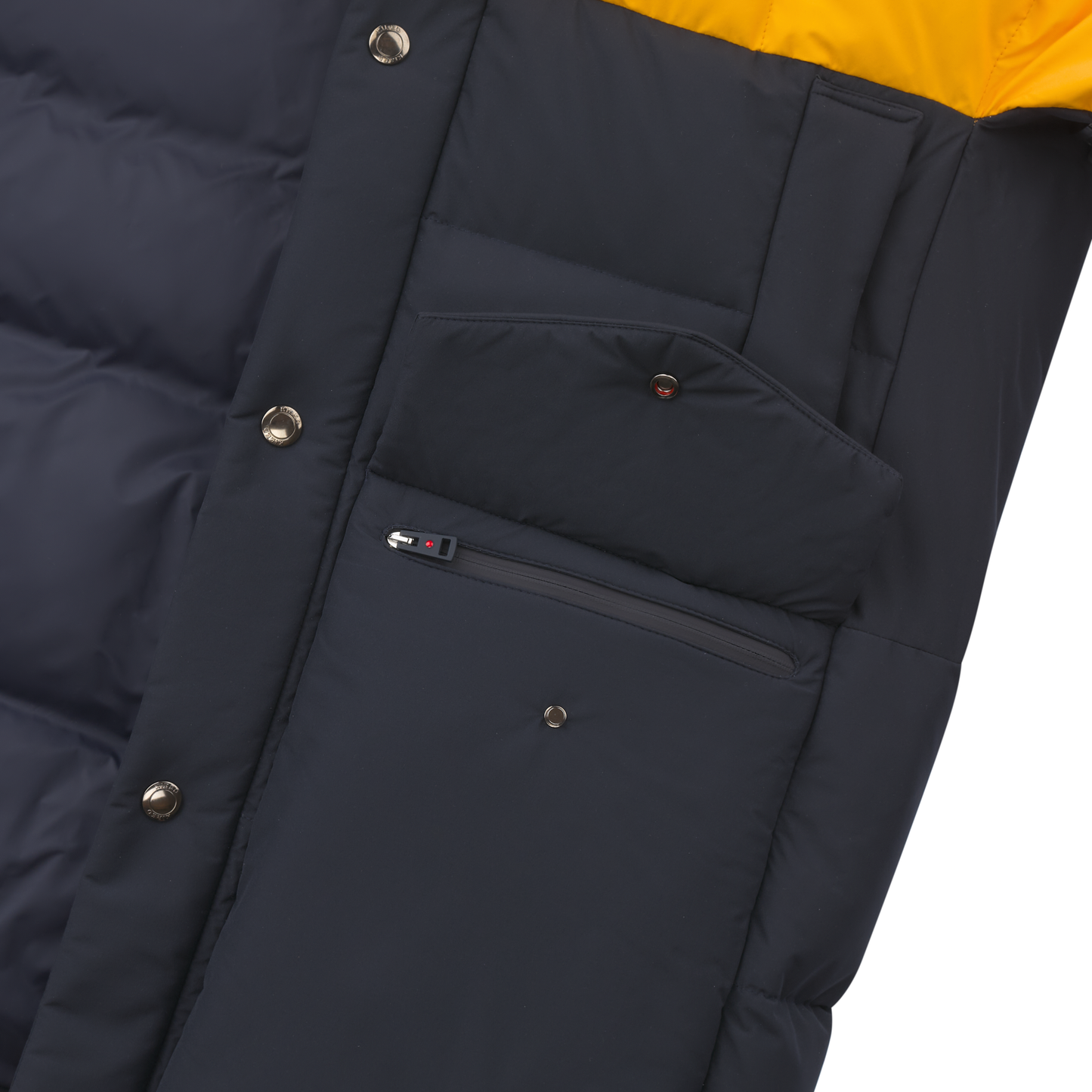 Kired Quilted Shell Hooded Down Jacket in Yellow and Dark Blue - SARTALE