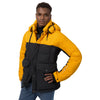 Quilted Shell Hooded Down Jacket in Yellow and Dark Blue